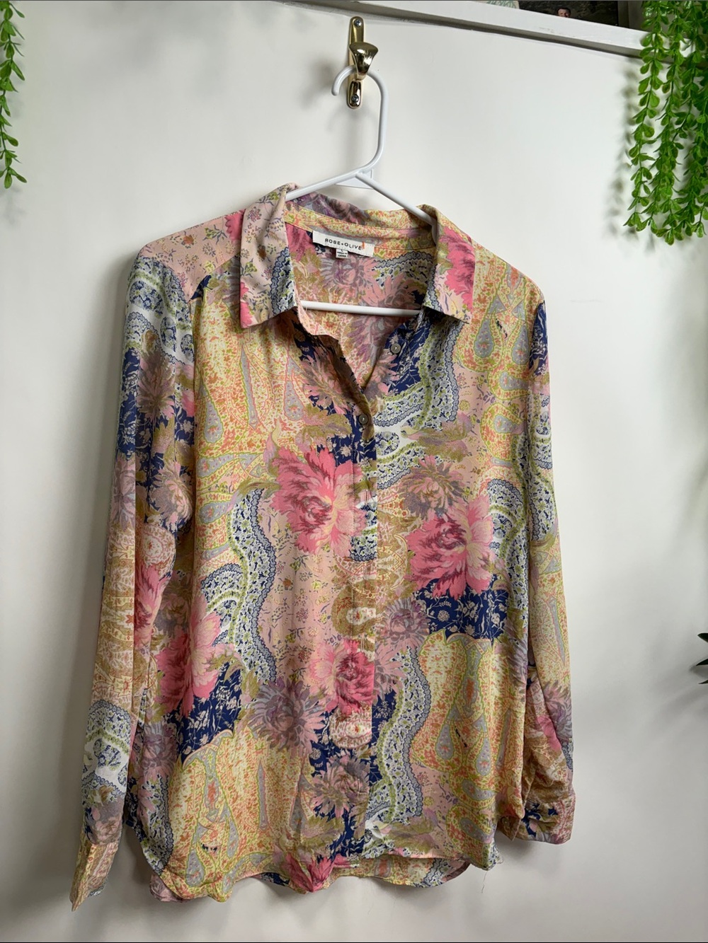 Rose & Olive Pastel Floral Paisley Blouse in Pink, Yellow & Navy